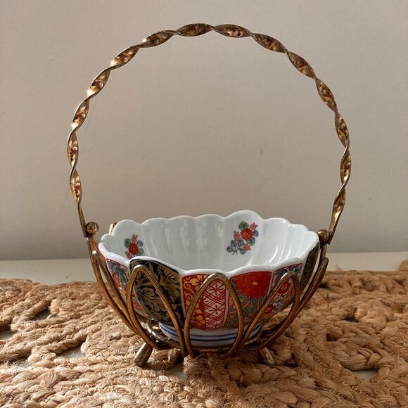 Vintage Whimsical Brass Basket with Handle and China Bowl - Picture 9 of 10